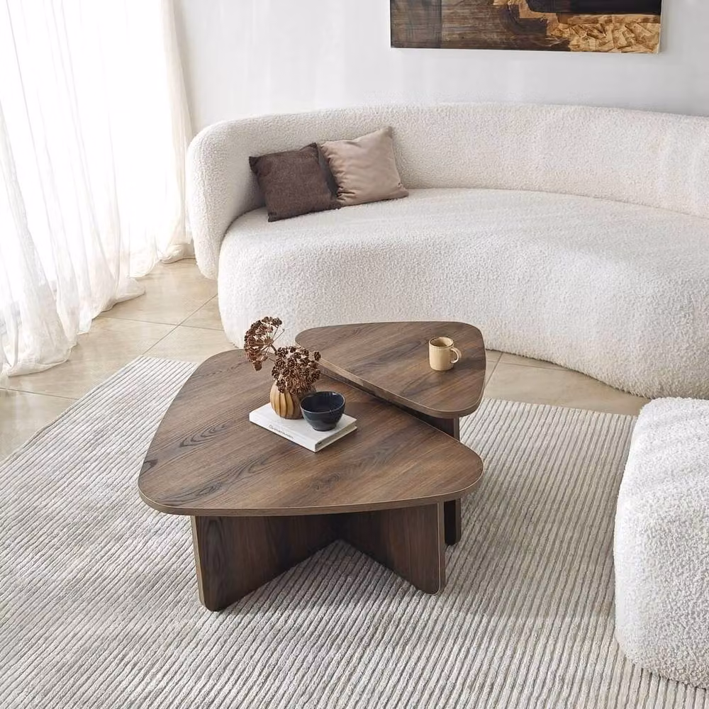 CALICOSY Set of 2 Triangular Coffee Tables with Rounded Edges in Brown Walnut, W/D/H: 60 x 60 x 35 cm – 2