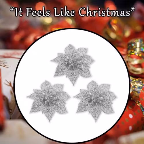 VFM e-Store Silver Clip On Poinsettia Christmas Decorations, Pack of 3, 7.5 cm – 5