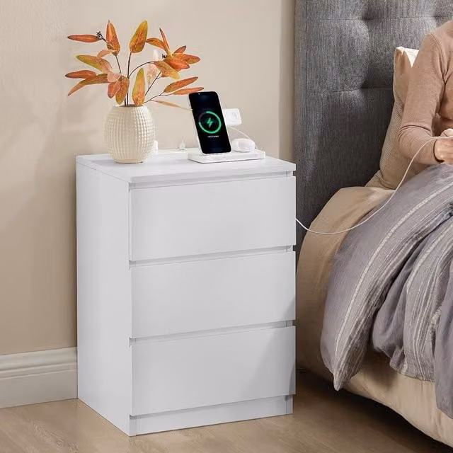 VASAGLE Set of 2 Modern White Bedside Tables with USB Outlets and Drawers