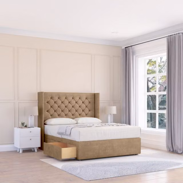 Sloomy Dior Naples Wingback Bed Set with Floor Standing Headboard in Brown Microfibre, W/D/H: 120 x 200 cm