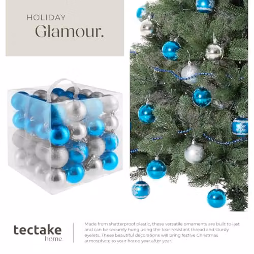 tectake 64-Pack Christmas Baubles in Blue and Silver with Glossy, Glittery and Snowflake Designs – 3