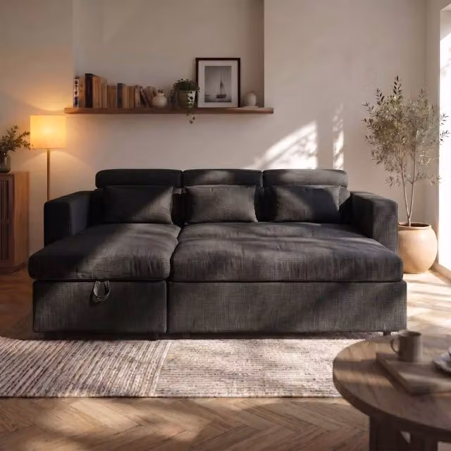 Sofaya Chelsea 3 Seater L Shape Corner Chaise Sofa Bed in Charcoal Grey Fabric with Reversible Sleeping Function and Lift Up Seat – 1