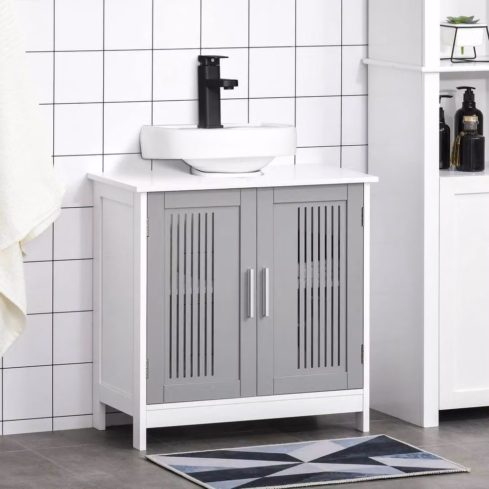 NESTLUNE Grey Modern Matt MDF Freestanding Bathroom Pedestal Under Sink Cabinet with Hinged Doors and Internal Shelves – 2