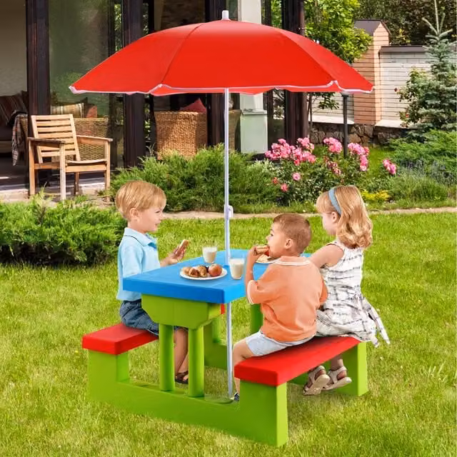 Costway Red and Multicolour Plastic Kids Picnic Table Set for Garden or Children's Room