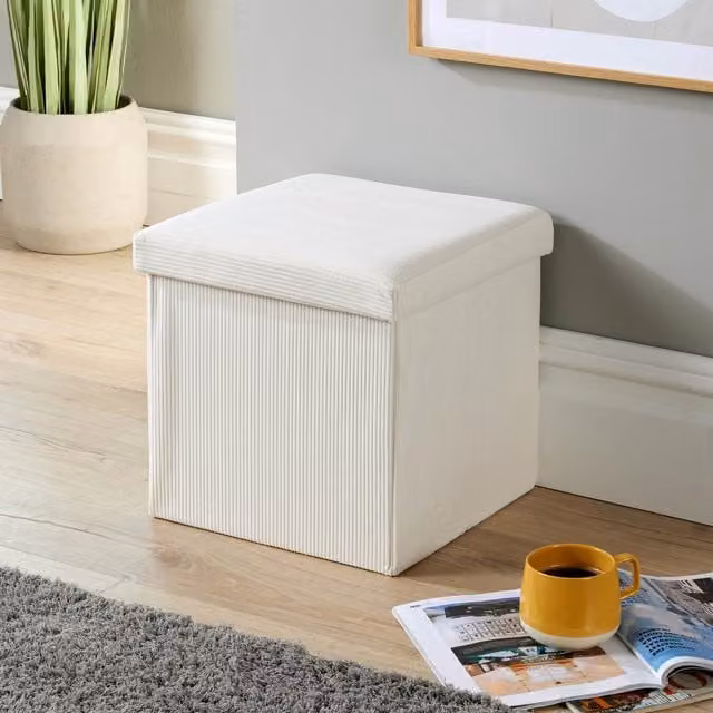 Home Source Corduroy Fabric Folding Ottoman Storage Chest in Cream, W/D/H: 38 x 38 x 38 cm
