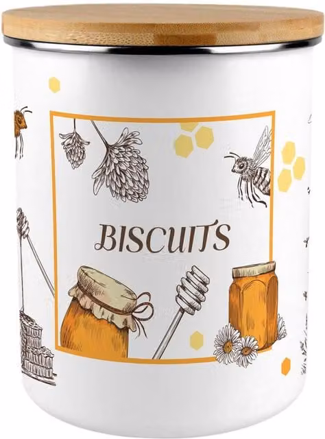 Purely Home Enamel Metal Biscuit Tin in Yellow and White