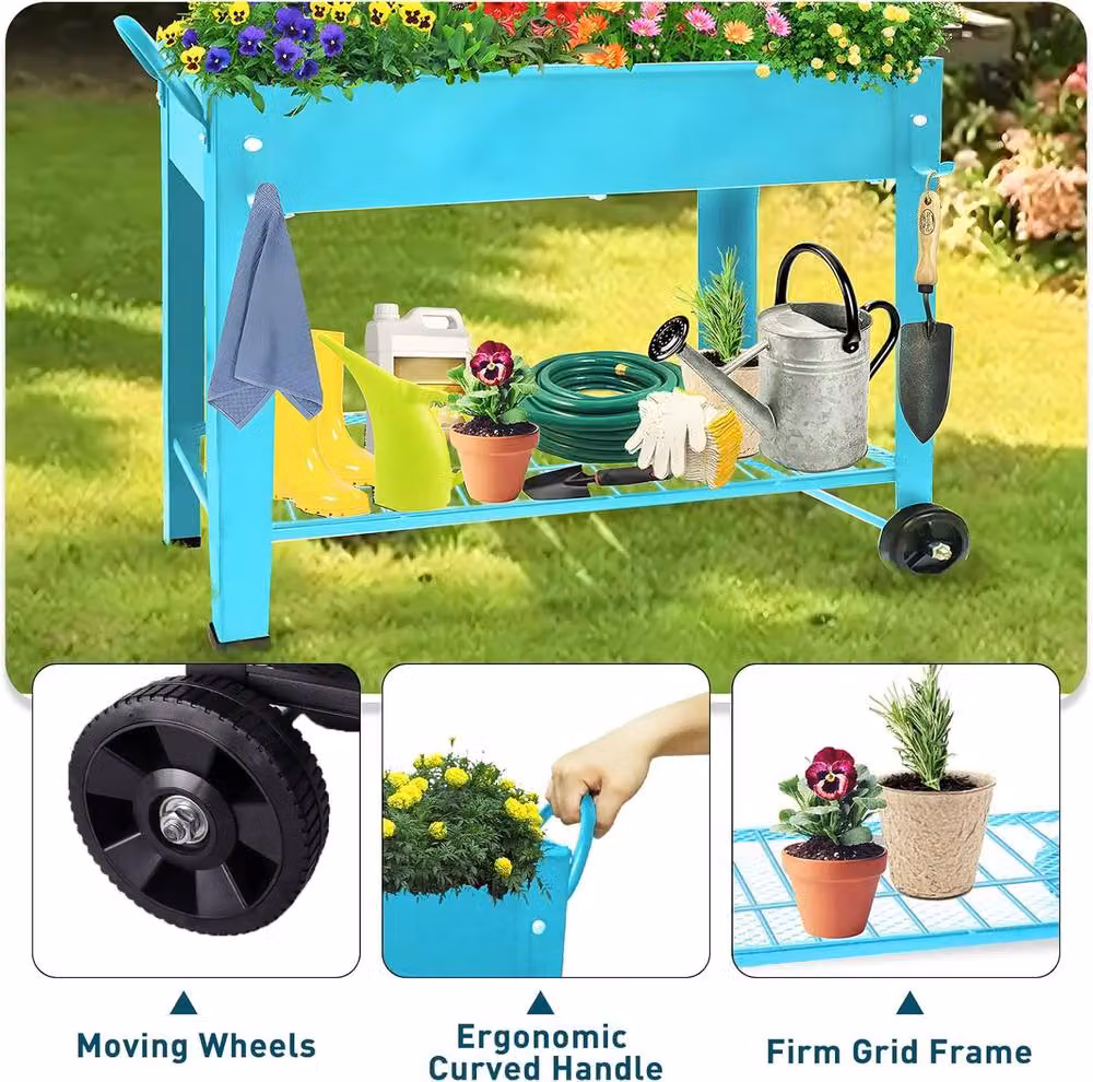 Huhote Metal Raised Garden Bed with Legs and Storage Shelf, Blue – 4