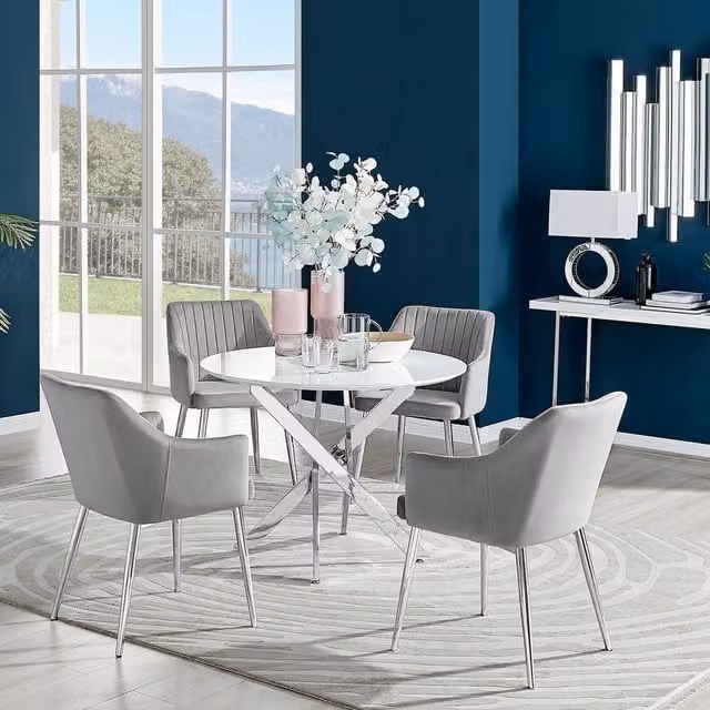 FurnitureboxUK Novara Round White High Gloss Dining Table with 4 Grey Velvet Calla Silver Leg Chairs