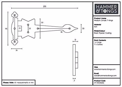 Hammer and Tongs Ornate Iron T-Hinge in Matt Black, Pack of 4 – 4