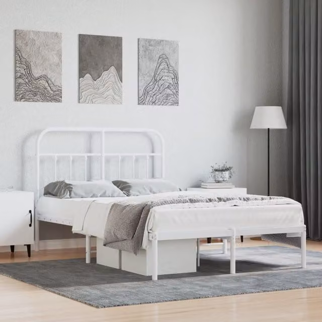 Berkfield Home Metal Bed Frame with Headboard in White, W/D/H: 120 x 200 cm