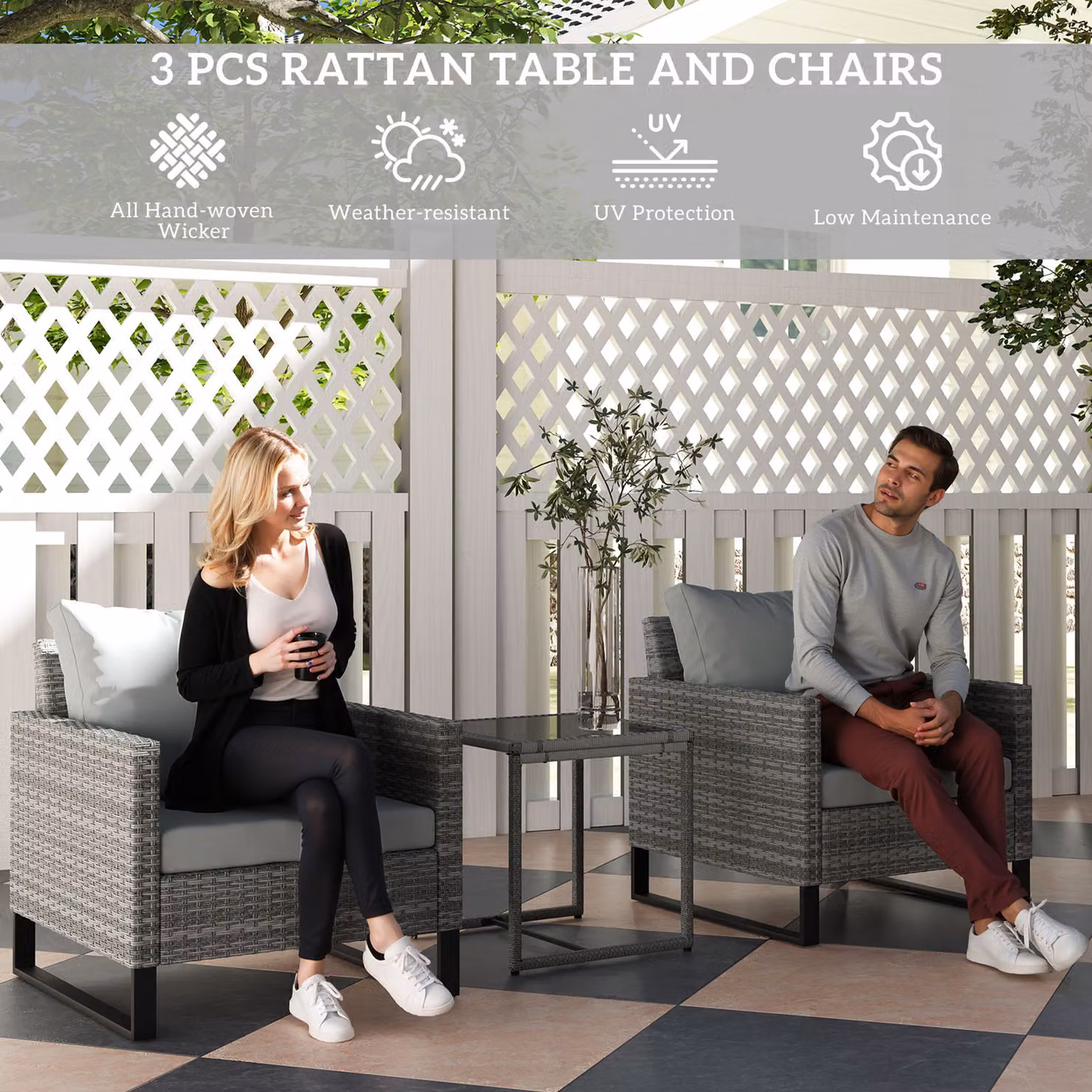 Outsunny 3 Piece Rattan Bistro Set with Glass Top Coffee Table and 4 Cushions in Grey – 4