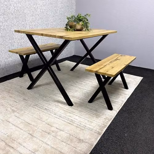 KOSY KOALA Modern Rectangular Dining Table and 2 Benches Set in Brown and Grey with X-Frame Metal Legs – 4