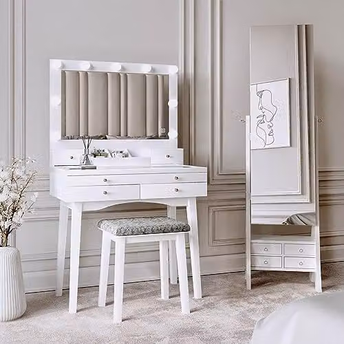 CARME Taylor x Nikita White 2 Piece Dressing Table and Full Length Mirror Jewellery Cabinet Set with Hollywood LED Lights and Storage Drawers, W/D/H: 139 x 40 x 80 cm and 158 x 40 x 80 cm