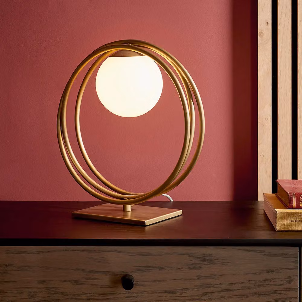 Loops 2 Pack Brushed Gold Table Lamps with Transparent Glass Shades and Circular Hoop Design – 2