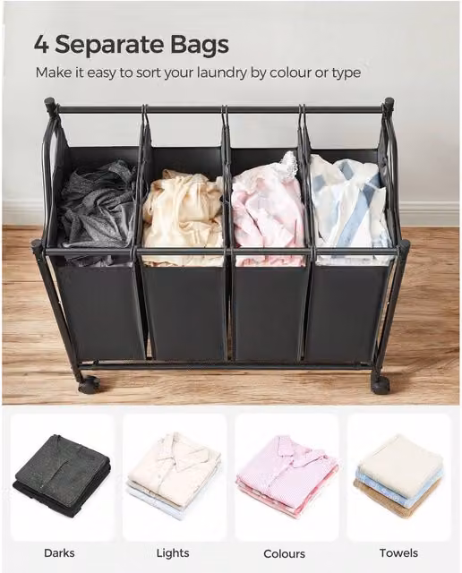 SONGMICS 4-Bag Rolling Laundry Sorter Trolley with Removable Bags and Wheels, Black