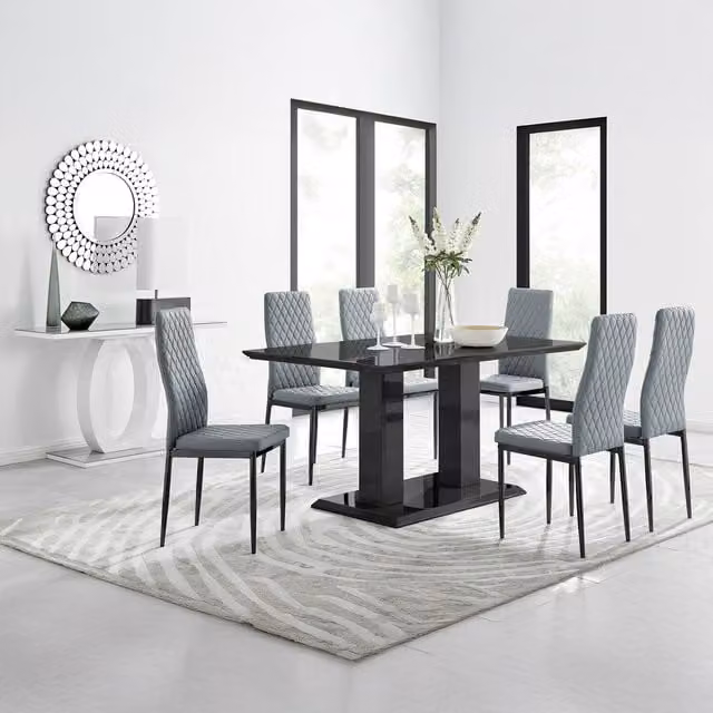 FurnitureboxUK Imperia Black Rectangular Glass Dining Table and 6 Milan Black Leg Chairs in Grey