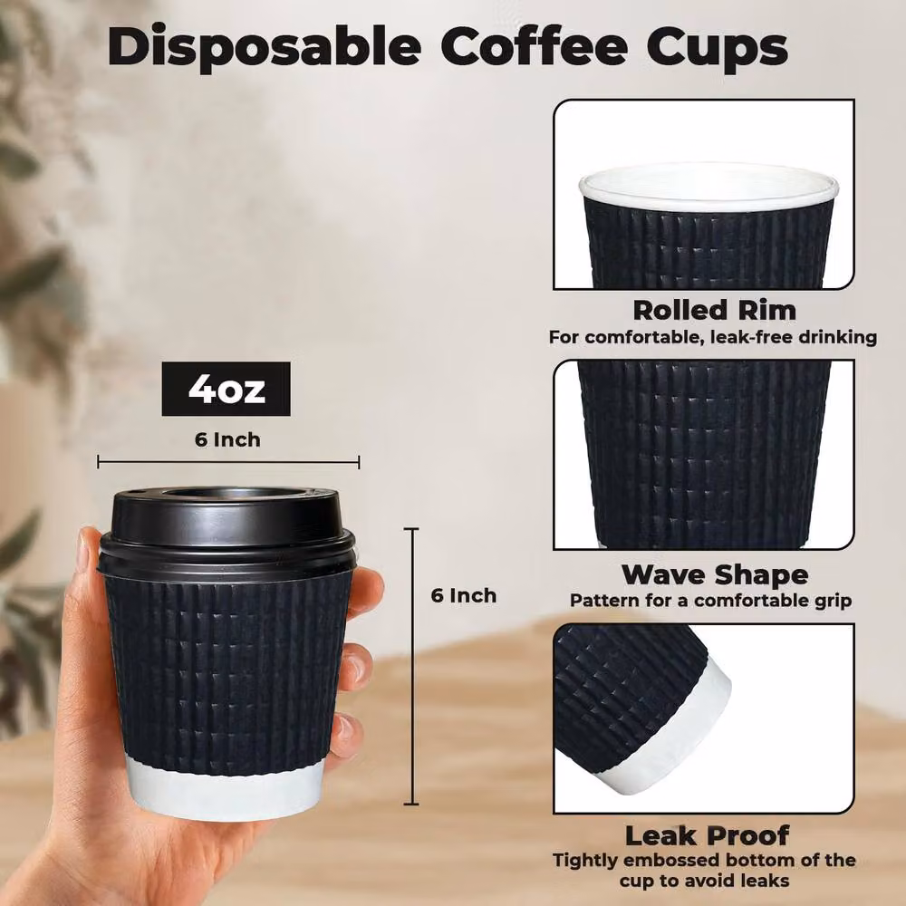 ECONX 100 Black Triple Layer Ripple Paper Coffee Cups with Lids, 4oz – 2
