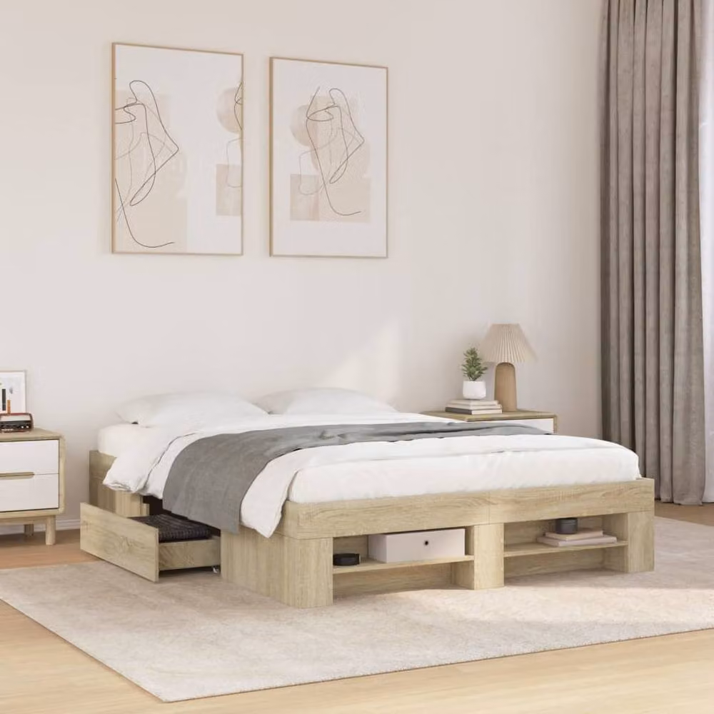 Berkfield Home Sonoma Oak Bed Frame with Drawers in Light Tan, W/D/H: 140 x 190 cm – 2