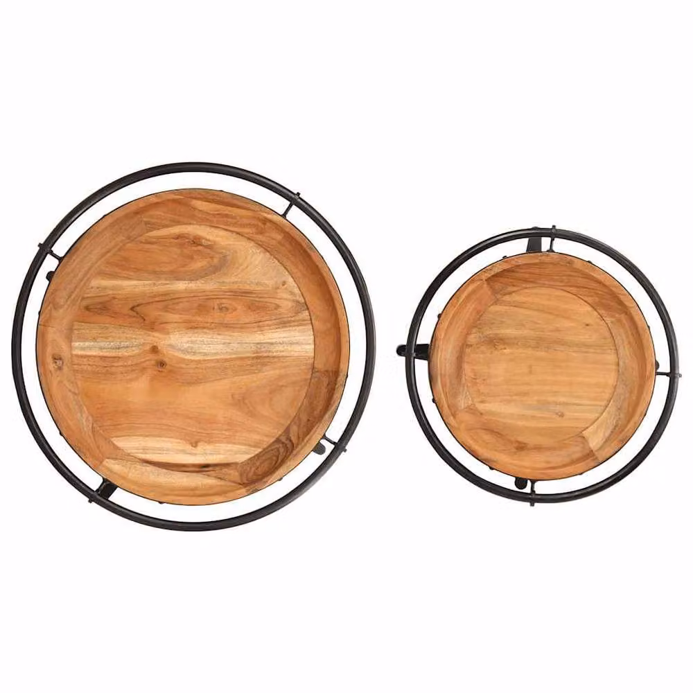 Berkfield Home 2 Piece Round Acacia Wood and Metal Nested Side Table Set in Brown and Black – 4