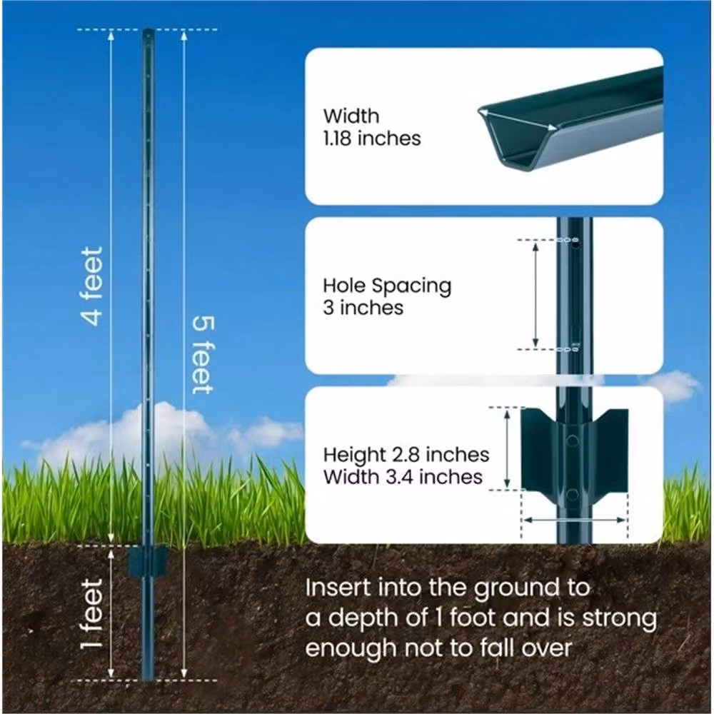 Nordara 10 Pack Green Coated Steel Metal No Dig Garden U Profile Fence Posts, Height: 152 cm – 2