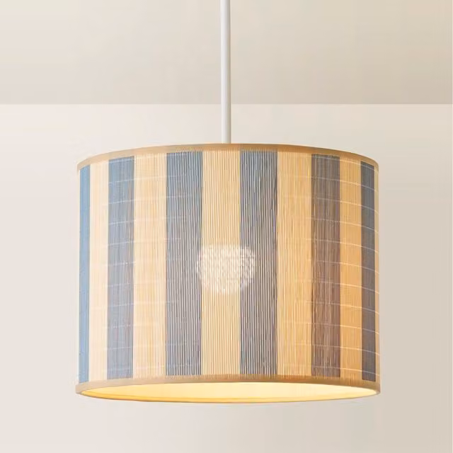 Lori Stripe Blue Bamboo Drum Ceiling Lamp Shade with Bulb