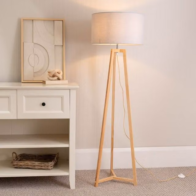 ValueLights Lottie Natural Wood Tripod Floor Lamp with Grey Fabric Drum Shade and LED Bulb – 1