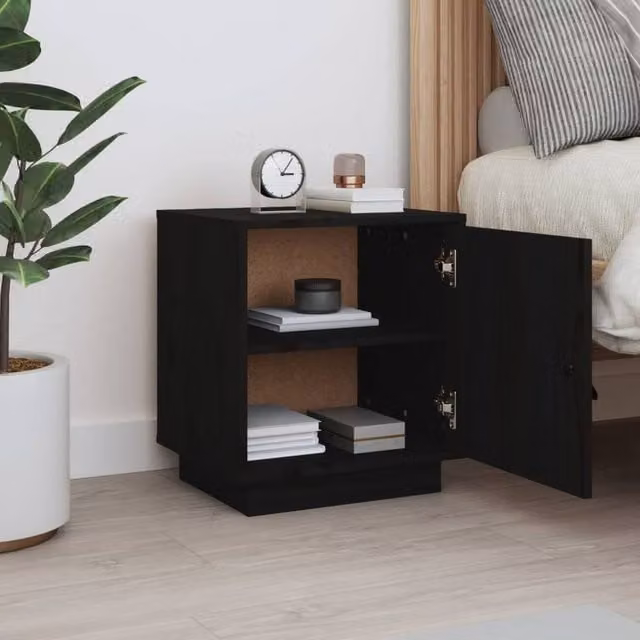 Berkfield Home Beautiful Black Solid Wood Pine Bedside Cabinet W/D/H: 40 x 34 x 45 cm