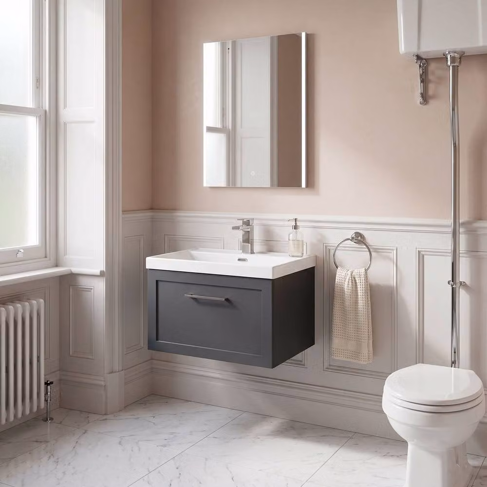 Balterley Stonnall Traditional Wall Hung 1 Drawer Vanity Unit with Thin Edge Ceramic Basin, Dark Grey, W: 60 cm, D: 40.9 cm, H: 46 cm – 2