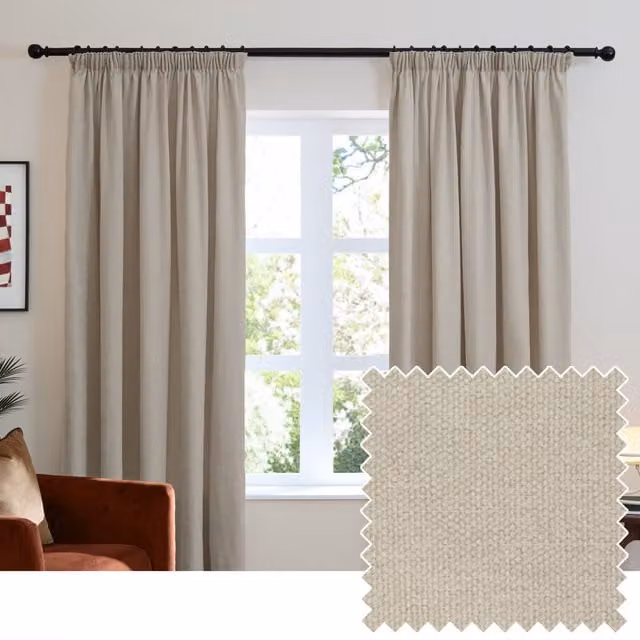 Riva Home Soft Chenille Blackout Pencil Pleat Curtains, Beige, W: 168 cm, H: 229 cm