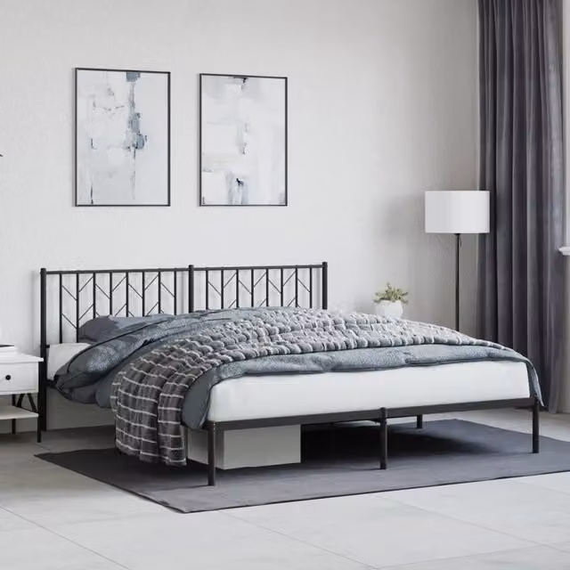 Berkfield Home Metal Bed Frame with Headboard, Black, W: 183 cm, L: 213 cm