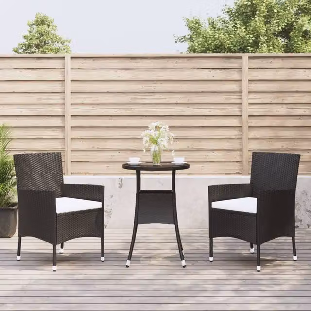 Berkfield Home 3 Piece Black Poly Rattan Garden Bistro Set with Cushions – 1