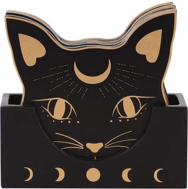 KDMK Mystic Mog Cat Face Coaster Set with Holder, Black