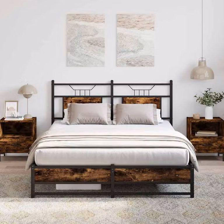 Berkfield Home Smoked Oak Bed Frame in Brown, W/D/H: 140 x 200 cm