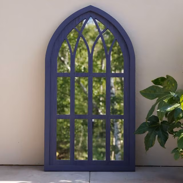 Primrose Gothic Arched Window Garden Mirror Illusion in Purple and Blue Wood and Glass, Height: 110 cm
