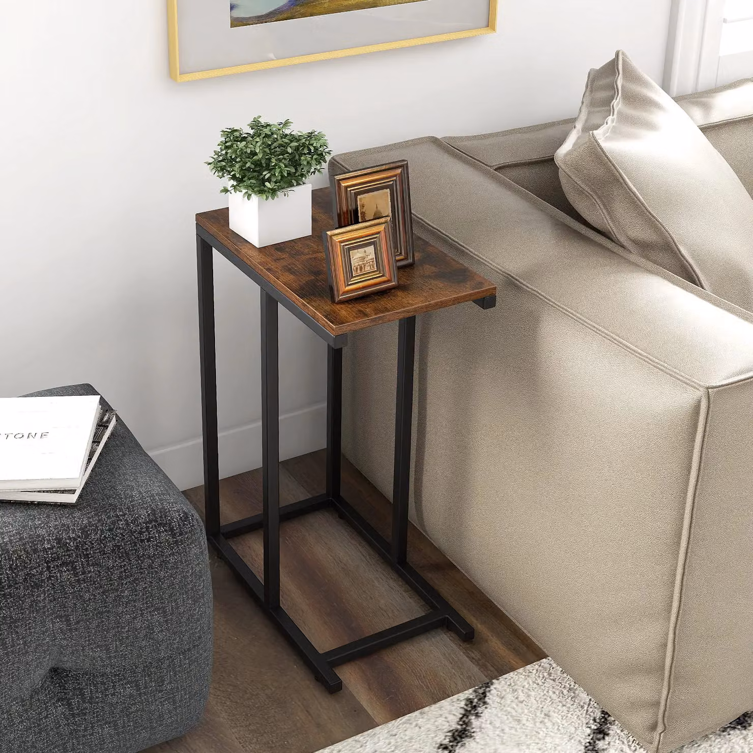 Gymax C-Shaped End Table with Metal Frame, Brown, Height: 64 cm – 7