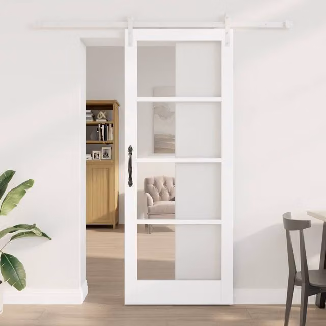 Berkfield Home Orkdal Modern Sliding Door with Hardware Set in White Lacquered Solid Wood and Glass, H: 211.0 cm, W: 83.0 cm