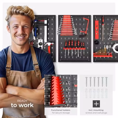 tectake 3-Panel Metal Pegboard Wall-Mounted Tool Organiser with Hooks and Holders, Black, W: 120 cm, H: 60 cm, D: 3 cm – 3