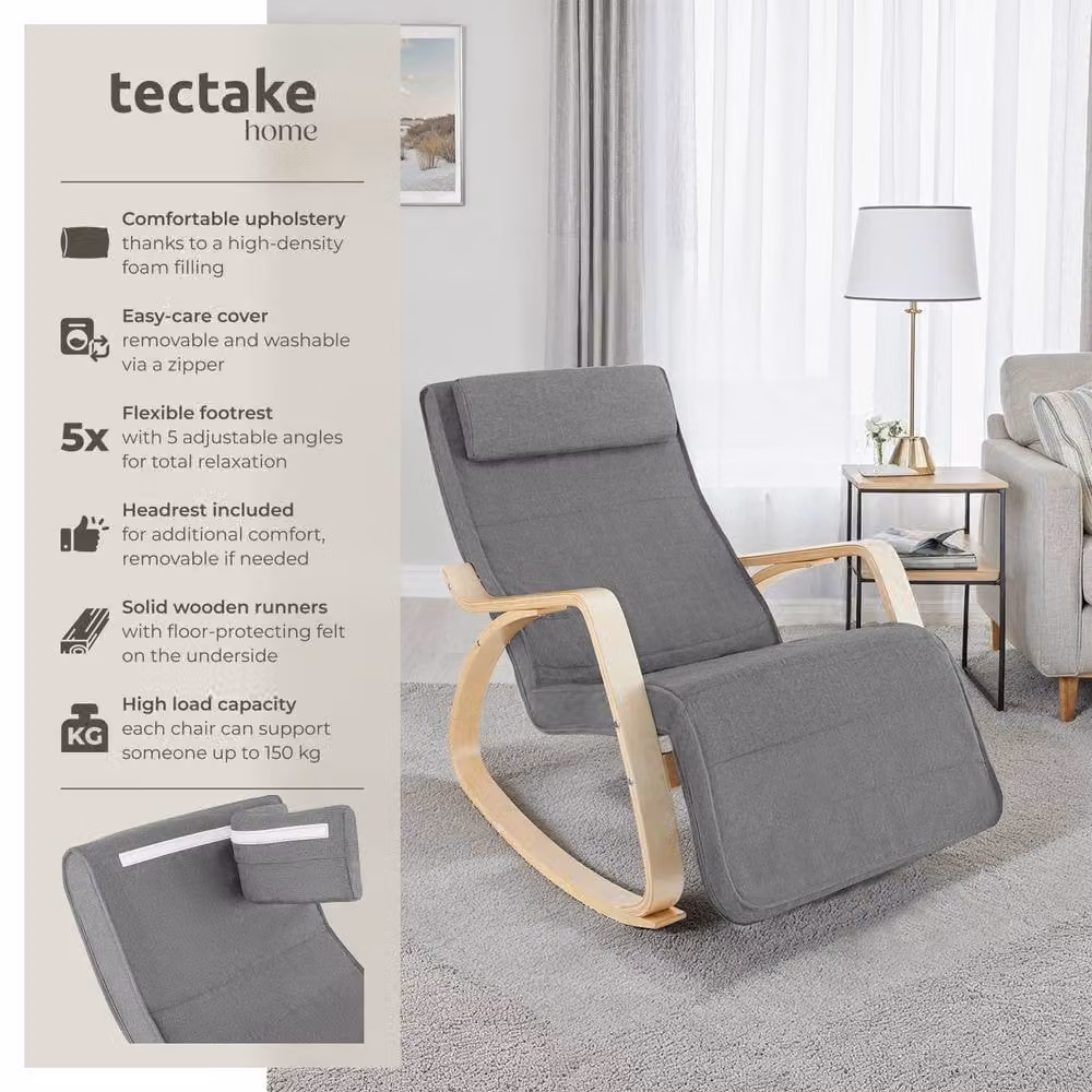 tectake Onda Rocking Chair in Light Grey with Armrests and Birch Wood Frame – 2