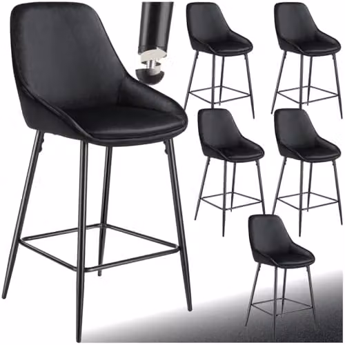 tectake Set of 6 Siera Bar Stools in Black Velvet Look with Metal Legs