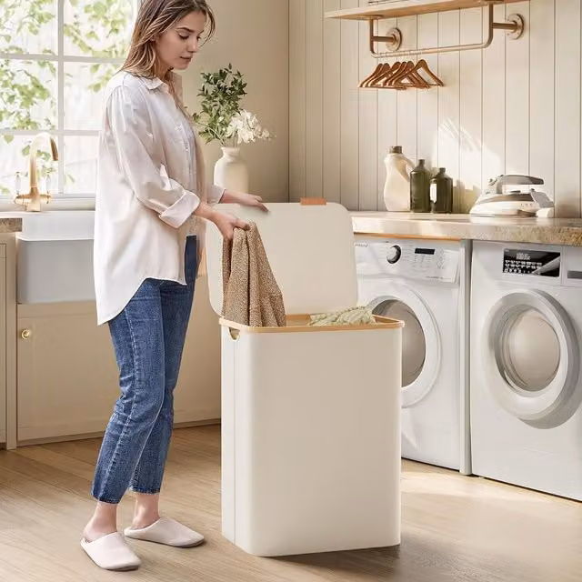 SONGMICS 130L 2-Section Large Laundry Hamper with Lid and Removable Fabric Bags, White