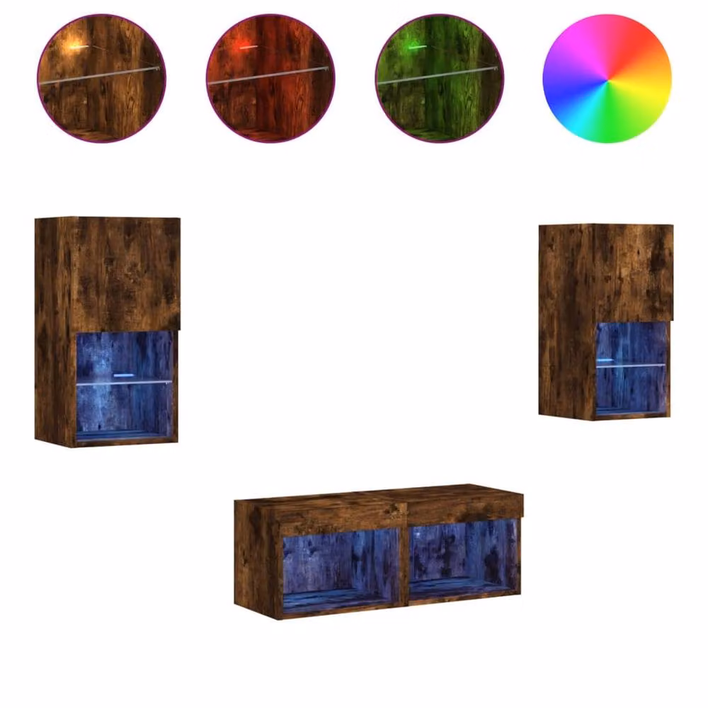 Berkfield Home Decorative 4 Piece Modern Wall Mounted TV Cabinets with Integrated LED Lighting in Smoked Oak Brown – 3