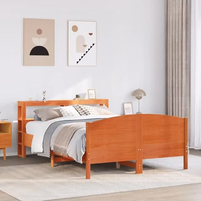 Berkfield Home Wax Brown Solid Pine Double Bed Frame W: 135 cm, L: 190 cm