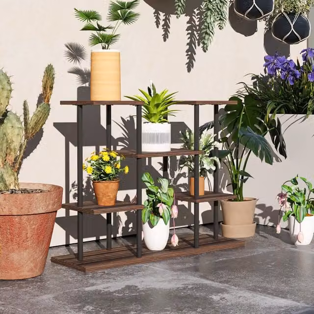 Outsunny 4 Tiered Indoor Plant Stand Display Rack in Brown Wood and Metal