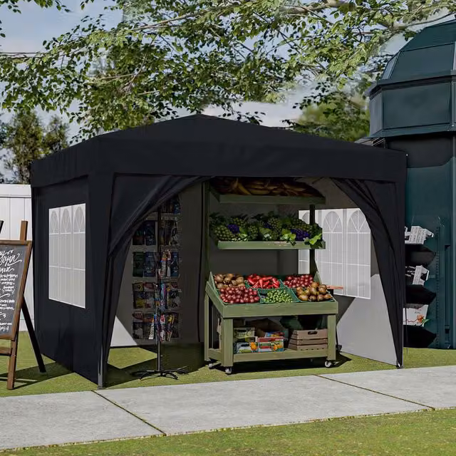 BIRCHTREE Black Pop Up Freestanding Gazebo with Steel Frame and Polyester PVC Canopy
