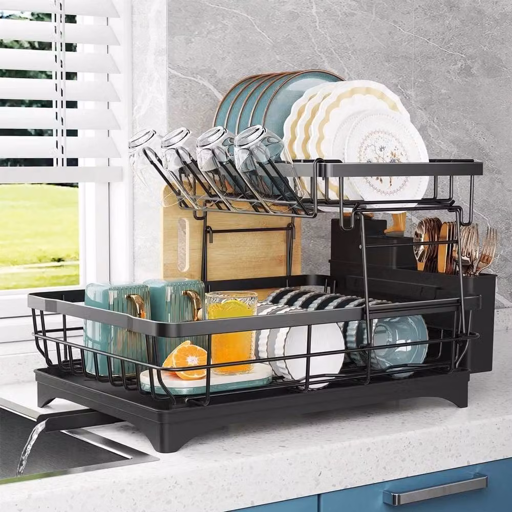 NESTLUNE 2 Tier Stainless Steel Dish Drainer Rack in Black with Drip Tray W: 100 cm, D: 15 cm, H: 15 cm – 3