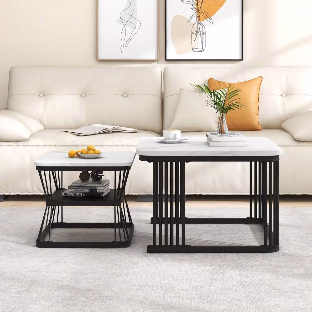 Merax Set of 2 Square Nesting Coffee Tables with White Marble Effect MDF Tops and Metal Frames – 2