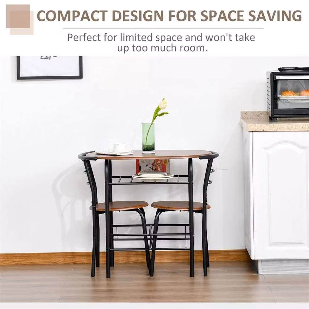 VOGREX 3 Piece Breakfast Bar Table and 2 Chairs Dining Set with Shelf in Brown – 3