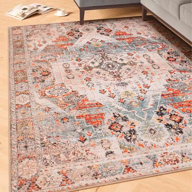 Kukoon Oriental Medallion Machine Washable Area Rug in Beige and Multicolour, W: 200 cm, L: 290 cm
