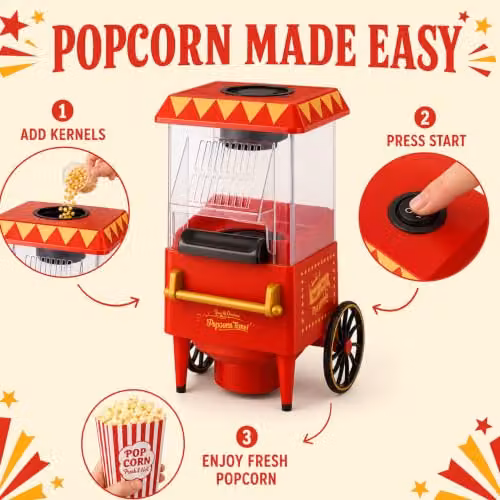 Almineez Retro Carnival Popcorn Maker, Red 1200W Electric Hot Air Popcorn Machine – 4