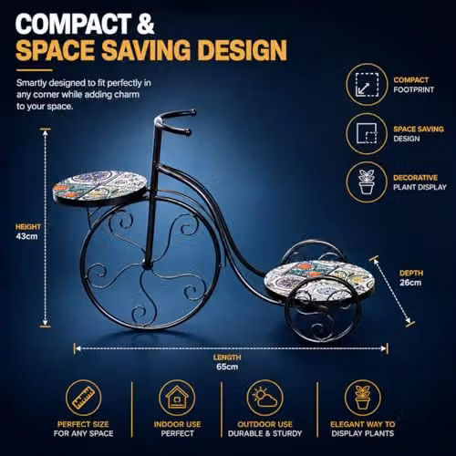 SHATCHI Mediterranean Mosaic Tricycle Plant Stand with Geometric Metal Tile Top, H 65 x W 26 x D 65 cm – 3